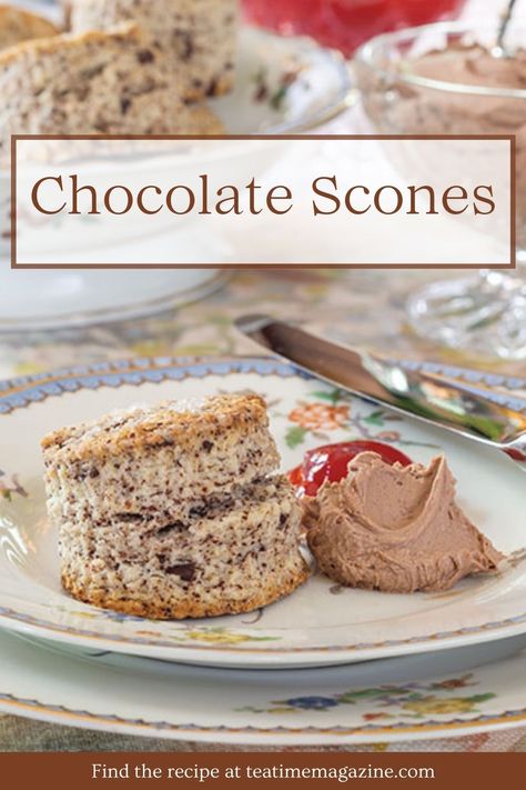 A warm batch of Chocolate Scones is absolutely heavenly when paired with The Tea Shoppe's "Hazelnut Vanilla Black Tea." Showcase a good quality bittersweet chocolate in these tasty baked treats, best served warm from the oven with lashings of homemade Chocolate-Mascarpone Cream and strawberry jam. Find the recipe by clicking the link in our bio, or visiting https://teatimemagazine.com/chocolate-scones/. China courtesy of Replacements LTD. Chocolate Scone, Christmas Scones, Sweet Scones, Chocolate Mascarpone, British Scones, Breakfast Scones, Baking Scones, Chocolate Scones, Planner Vintage