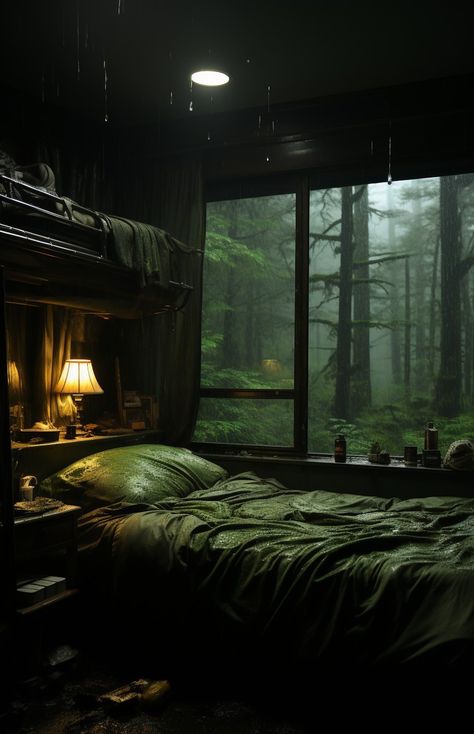 Dark Nature Home Aesthetic, Dark Forest House, Dark Aesthetic Bedroom, Forest Bedroom Aesthetic, Peaceful Images, Views Aesthetic, Forest Rain, Forest Houses, Forest Bedroom