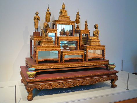 Thai Buddhist altar, UMMA (Univ. of Michigan Art Museum) | Flickr Buddhist Room, Buddhist Design, Thai Decor, Personal Altar, Altar Design, Cambodian Art, Michigan Art, Buddhist Shrine, Buddha Decor