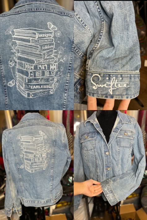 Denim jacket with all of Taylors albums embroidered on the back with "swiftie" embroidered on the left cuff. Jean Jacket Eras Tour, Taylor Swift Jean Jacket Diy, Taylor Swift Jean Jacket, Taylors Albums, Jean Jacket Diy, Taylor Swift Costume, Swift Bracelets, Concert Ideas, Taylor Swift Tour Outfits