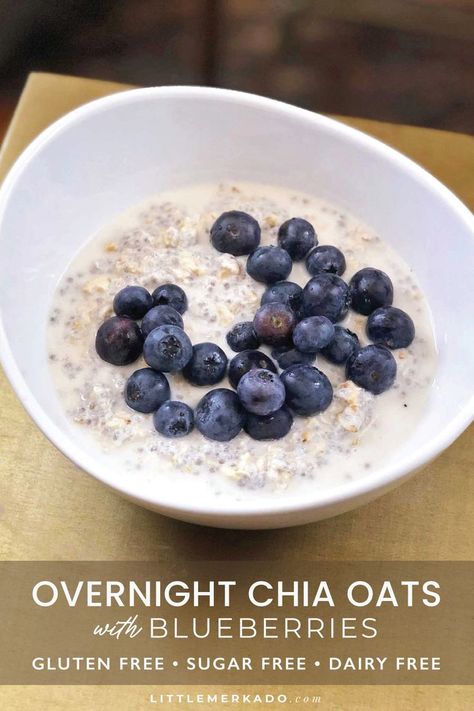 soaked oats and chia seeds in white liquid with fresh blueberries Over Night Oats Chia, Overnight Oats Chia Seeds Almond Milk, Gf Df Overnight Oats, Vegan Overnight Oats No Chia Seeds, Raw Vegan Overnight Oats, Overnight Chia Oats, Blueberry Overnight Oats With Chia Seeds, Plain Oatmeal, Overnight Oats With Chia