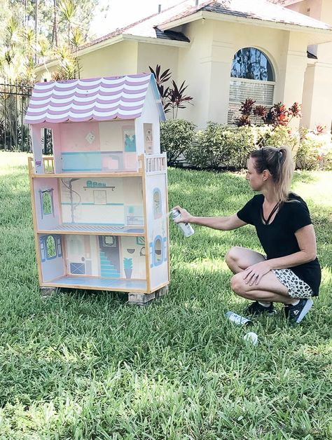 Doll house makeover with DIY Barbie furniture - flat primer spray paint Kidkraft Barbie House Makeover, Barbie Dollhouse Makeover Diy, Revamp Dolls House, Barbie House Renovation, Dolls House Makeover Diy, Wood Doll House Makeover, How To Paint A Doll House, Barbie House Makeover Diy, Diy Doll House Makeover