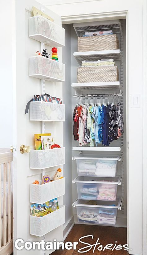 Baby Clothes Storage For Small Spaces, Twin Nursery Closet, Container Store Small Closet, Container Store Nursery Closet, Small Room Clothes Storage Baby, Mini Crib Closet Nursery, Playroom Closet, Tiny Nursery, Baby Nursery Organization