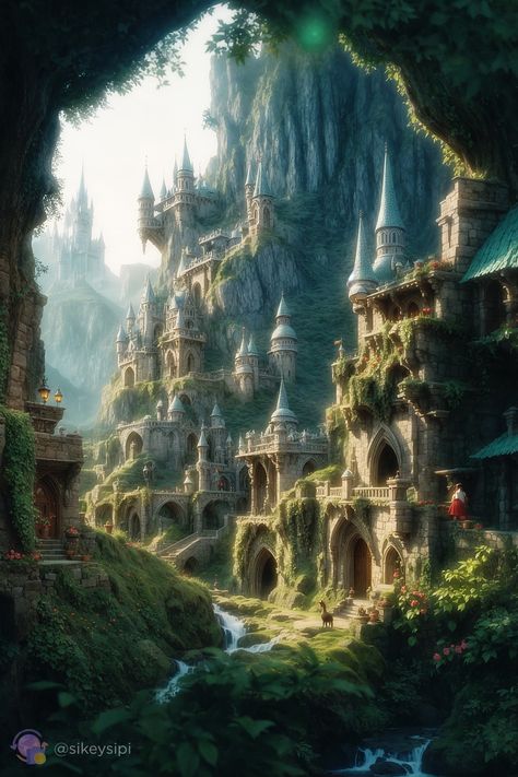 Mystical Elven City: AI Art Fantasy Realm* Immerse yourself in the mystical beauty of this AI-generated elven city nestled within towering cliffs. The intricate architecture and lush greenery create a breathtaking fantasy world that captivates the imagination. Perfect for fans of fantasy and digital art. #FantasyArt #Elves #AIArt #MysticalCity #DigitalArt Fairy City Fantasy Art, Elf Kingdom Fantasy Art, Elven City Fantasy Art, Elf City Fantasy Art, Elven Castle, Elven City, Intricate Architecture, Seelie Court, Fantasy Architecture