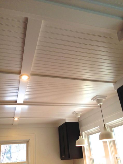 Ceiling Remodel, Shiplap Ceiling, Beadboard Ceiling, Popcorn Ceiling, Diy Backsplash, Small Basements, Basement Ceiling, Basement Bedrooms, Kitchen Ceiling