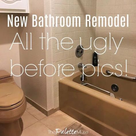 This bathroom is in need of a complete remodel! Watch as we get rid of the brown, beige and green, and make it bright, pretty, and functional again. Start here with the awful before pics! #beforepic #bathroomremodel #roommakeover Brown And Beige Bathroom, Apartment Bathroom Decor Ideas, Tub Bathroom Ideas, Apartment Bathroom Decor, Cultured Marble Countertops, Time For New Beginnings, Cream Tile, Cream Bathroom, Brown Tile