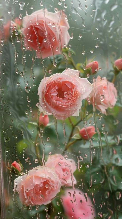 Rain scene with roses flower plant petal. | free image by rawpixel.com Rain Flower Wallpaper, Flowers In Rain, Roses Iphone Wallpaper, Flowers Aesthetic Roses, Iphone Wallpaper Nature, Flowers And Rain, Raining Flowers, Flowers In The Rain, Widget Pictures