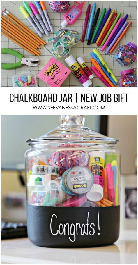 New Job Gift in a Chalkboard Jar #GearLove #ad Cubicle Makeover, Student Teacher Gifts, Neuer Job, New Job Gift, Job Gifts, Congratulations Gift, School Supply, Leather Sofas, Cadeau Diy