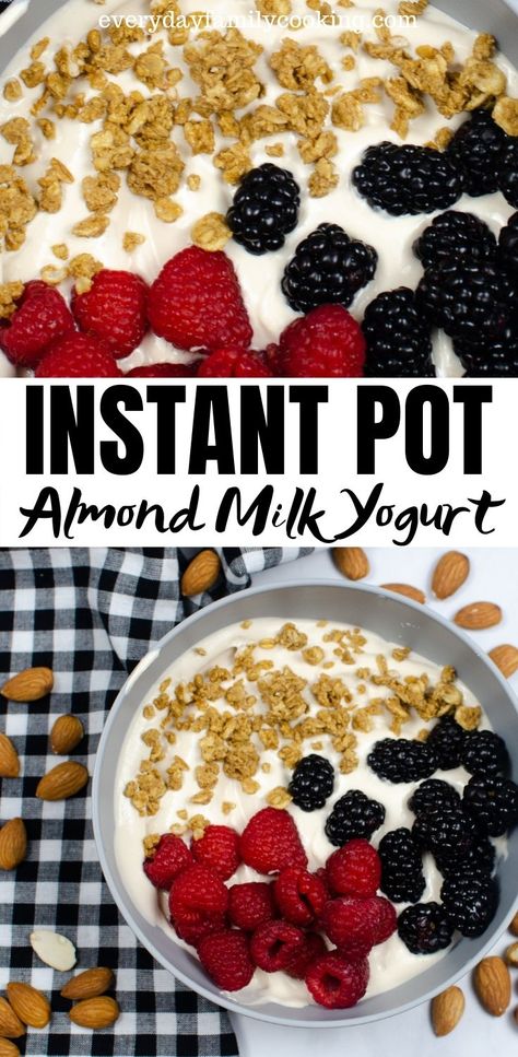 Easy dairy free Instant Pot Yogurt. This pressure cooker yogurt is made with almond milk and almond yogurt for the ultimate homemade non-dairy option! #nondairy #dairyfree #instantpotyogurt #homemadeyogurt Almond Milk Yogurt Instant Pot, Dairy Free Yogurt Instant Pot, Almond Milk Yogurt Recipe, Dairy Free Yogurt Recipe, Crockpot Dairy Free, Yogurt In The Instant Pot, Vegan Yogurt Recipe, Instant Pot Yogurt Recipe, Homemade Yogurt Recipes