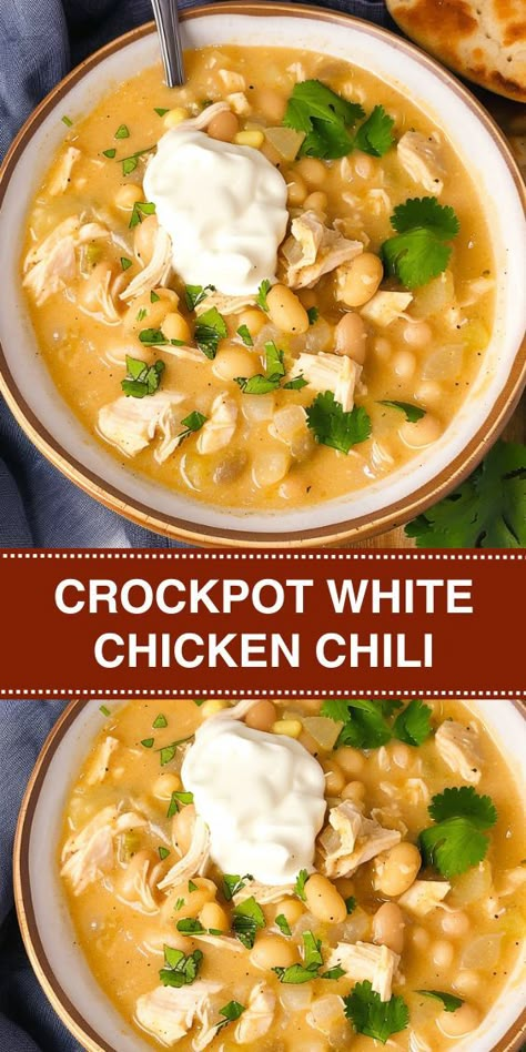 Try this easy Crockpot White Chicken Chili recipe for a comforting and hearty meal. Made with tender chicken, white beans, corn, and green chiles, this creamy chili is perfect for family dinners or potlucks. Simply White Chicken Chili Crockpot Recipes Northern Beans, Half Baked Harvest White Chicken Chili, Taste Of Home White Chicken Chili, White Chili Chicken Recipe Crockpot, Summer Chili Recipe, Easy Crockpot White Chicken Chili, Slow Cooker White Bean Chicken Chili, White Bean Chicken Chili Slow Cooker, Chicken Prep