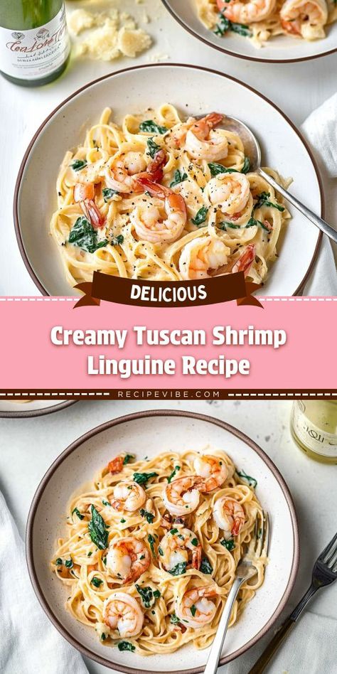 Searching for the ultimate seafood dinner idea? This Creamy Tuscan Shrimp Linguine offers a perfect balance of creamy goodness and fresh ingredients. Remember to save this recipe for later—your family will be asking for it again and again! Creamy Tuscan Shrimp, Shrimp Linguine Recipe, Creamy Shrimp Scampi, Tuscan Shrimp, Seafood Linguine, Shrimp Linguine, Linguine Recipes, Creamy Shrimp, Spicy Shrimp