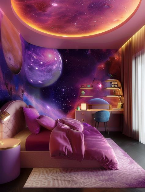 24 Whimsical Ways to Create a Space-Themed Bedroom Haven for Girls - H.M.G Dior Bedroom, Galaxy Bedroom, Dreamy Space, Themed Bedrooms, Space Themed Bedroom, Superhero Room, Girl Bedroom Designs, Themed Bedroom, Inspiring Spaces