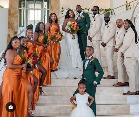 Brunt Orange Bridesmaids Dress, Emerald And Orange Wedding Theme, Wedding Ideas Bridal Party, Coral And Brown Wedding, African Wedding Color Schemes, Emerald Green And Mustard Yellow Wedding, Green Orange Gold Wedding, Wedding Colors For Black Couples, Dark Teal And Burnt Orange Wedding Bridesmaid Dresses