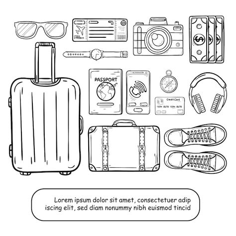 Vector doodle hand draw luggage and acce... | Premium Vector #Freepik #vector #travel-suitcase #travel-luggage #traveling-bag #travel-bag Vector Doodle, Travel Tickets, Drawing Bag, Vip Tickets, Doodle Style, Hand Draw, Graphic Editing, Vector Photo, Travel Around The World