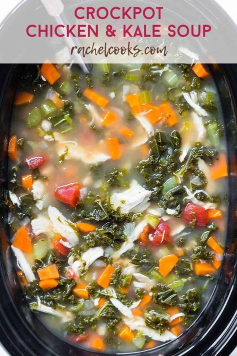 Slow cooker chicken kale soup simmers all day for a healthy, hearty dinner that's ready when you are. It's packed with lean chicken, lots of leafy green kale, cannellini beans, and loads of flavor. Healthy Hearty Dinner, Curried Vegetables, Chicken Kale Soup, Kale And Bean Soup, Healthy Crockpot Soup, Chicken Barley Soup, Chicken Soup Crockpot, Soup Paleo, Slow Cooker Chicken Healthy