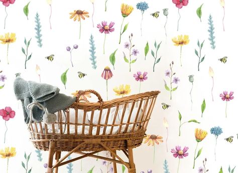 Watercolor Field Flowers Wall Stickers Nursery Bee Floral - Etsy Australia Watercolor Field, Leaves Stickers, Wall Stickers Nursery, Wall Decals Nursery, Field Flowers, Fabric Wall Decals, Oracal Vinyl, Floral Leaves, Nursery Wall Stickers