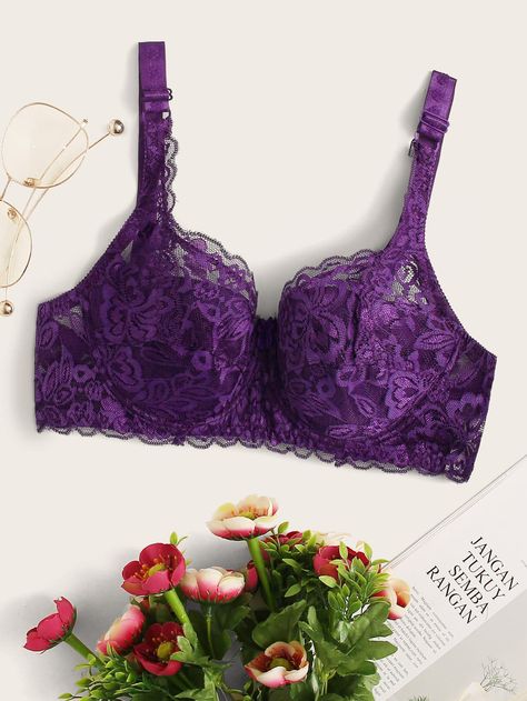 Violet Purple  Collar  Lace Plain A Piece Embellished Slight Stretch  Women Intimates Women Bras, Purple Bras, Purple Collar, Printed Bras, Lace Underwire, Bra Types, Girls Fashion Clothes, Lace Pattern, Trendy Fashion Women