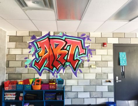 I painted this wall in my new Art Classroom. I painted multicolored blocks and added graffiti on top😊 Classroom Wall Painting, Classroom Walls Paint, Classroom Walls, Art Classroom, Art Room, Classroom Decor, New Art, Wall Painting, Graffiti