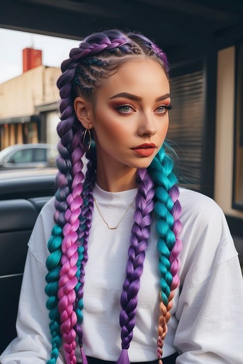 Electric Feels Party Outfit, Colorful Braiding Hair, Braided Hair Extensions Ideas, Braids With Extra Hair, Braiding Hair With Extensions, Colorful Braids Hairstyles, Rave Braids Extensions, Burning Man Braids, Pride Braids