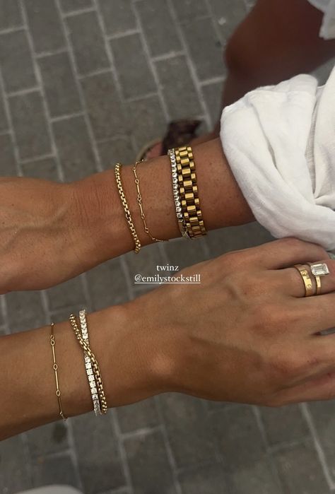 Classy Jewelry Stack, Classy Bracelet Stack, Two Tone Jewelry Stack, Good Bracelet Stack, Two Tone Bracelet Stack, Mix And Match Jewelry, Everyday Gold Bracelet Stack, Bracelet Stacks Gold, Mixed Metals Bracelet Stack