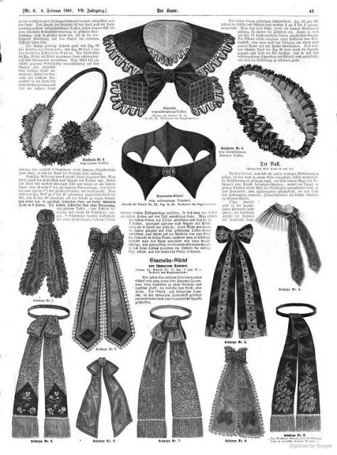 Sashes, belts and headpieces, etc. Der Bazar, January 1861. | In the Swan's Shadow Victorian Accessories, 1860 Fashion, Bags Online Shopping, 19th Century Fashion, Period Outfit, Old Fashion, Purse Accessories, Victorian Jewelry, Fashion Plates