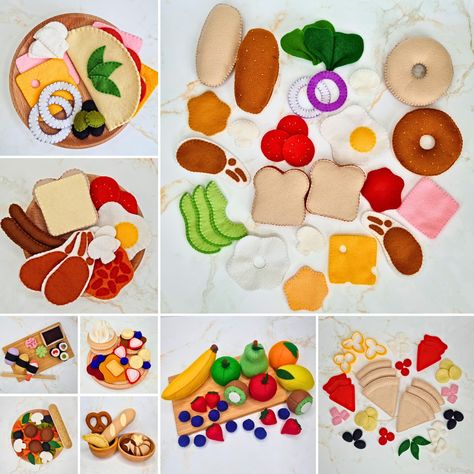 10 Felt Food Playset PDF Sewing Pattern MEGA BUNDLE - bread, 3D fruit, vegetable, pizza, sandwich, sushi, bagel, breakfast, pasta, omelette Pasta Omelette, Sandwich Sushi, Breakfast Pasta, Bagel Breakfast, Paper Squishy, Felt Food Diy, Pizza Sandwich, Pretend Food, Felt Gifts