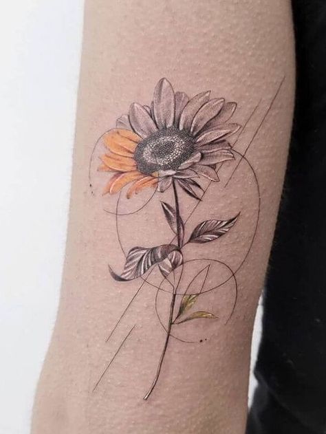 Sunflower Sunflower Tattoos Sleeve, Creative Sunflower Tattoo, Single Needle Sunflower Tattoo, Sunflower Design Tattoo, Geometric Sunflower Tattoo Design, Sunflower Tattoo With Stem, Sunflower Back Tattoo Spine, Cool Sunflower Tattoos, Wilting Sunflower Tattoo