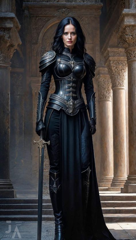 Winter Armor Female, Medieval Female Assassin, Fantasy Dress With Armor, Black Armor Dress, Dresses With Armor, Warrior Women Outfit, Women In Armor Art, Armor Outfits Female, Dark Fantasy Costume