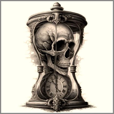 Hour Glass Skull Tattoo Ideas, Skull Hourglass Drawing, Geometric Skull Tattoo Design, Hourglass With Skull, Occult Art Dark, Hourglass Skull, Tattoo Crane, Skull Tattoo Designs, Evil Skull Tattoo