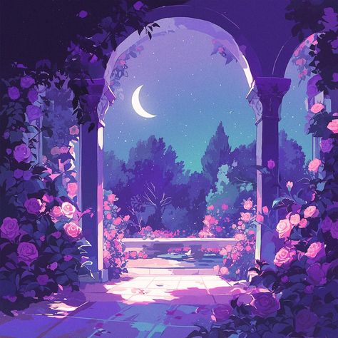 Moonlight Rose ✨🌙🌹 . . . . #moonlightgarden #nightblooms #rosyretreat #gardenbynight #enchantedgarden #floralhaven #peacefulnights #moonlitflowers #secretgarden #magicalnights #aiart #midjourney #discord #urbanblissdreamsart #b3Uart #aiartwork #aiartcommunity #moonlightdaydreamers #rosey Dreamy Aesthetic Purple, Dream Aesthetic Purple, Sailor Moon Landscape, Free Wallpaper Backgrounds, Dreamy Artwork, Apple Watch Wallpaper, Dreamy Art, Pretty Wallpapers Backgrounds, Cute Backgrounds