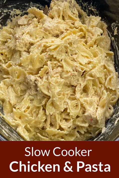 Slow cooker chicken and bowtie pasta with text Crockpot Chicken And Bowtie Pasta, Crock Pot Picky Eaters, Potluck Chicken Recipes Crock Pots, Crockpot Chicken Bowtie Pasta, Crock Pot Chicken And Pasta, Crock Pot Chicken And Pasta Recipes, Crock Pot Recipes For Picky Eaters, Slow Cooker Creamy Chicken Pasta, Crock Pot Creamy Chicken Pasta