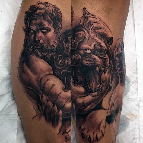 Greek Mythology Tattoos For Men Hercules Tattoo, Christian Sleeve Tattoo, Greek Mythology Tattoos, Omerta Tattoo, Lion Tattoo Design, Skeleton Hand Tattoo, Back Of Shoulder Tattoo, Mythology Tattoos, Greek Tattoos