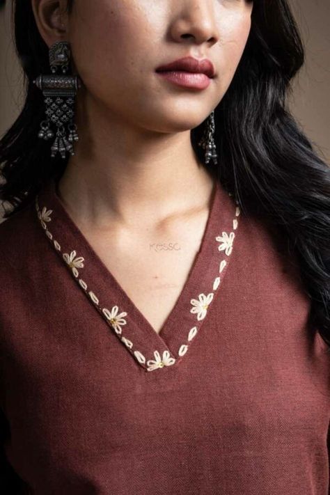 Buy On-demand WS1082 Marelda Straight Fit Kurta Online | Kessa Neck For Kurta Women, Kurta Neck Collar Designs, Full Sleeve Straight Kurti Designs, Womens Kurta Neck Designs, V Neck Kurta Designs Women, Brown Kurta Woman, Kurti Designs Stitching, Kurta Hand Designs Women, Kurta Sleeve Design