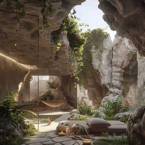 cave dwelling x luxury ✨🖤 - Carved into a forgotten island, this multi-level sanctuary blends modern luxury with ancient tradition. Natural light graces a cave pool, whispering tales of nature and designs’ coexistence 🧚‍♂️ - #cavedweller #islandliving🌴 #architecturaldetails #architecturaldesigns #organicarchitecture #contemporarystyle #contemporarydecor #ancientarchitecture #naturallighting #midjourneyarchitecture #luxuryarchitecture #interiordesigncommunity #architecturephotography #biophili... Cave Dwelling, Luxury Outdoor Spaces, Modern Luxury Furniture, Cave Pool, Luxury Kids Bedroom, Exotic Homes, Ancient Greek City, Architecture Design Process, Cave House