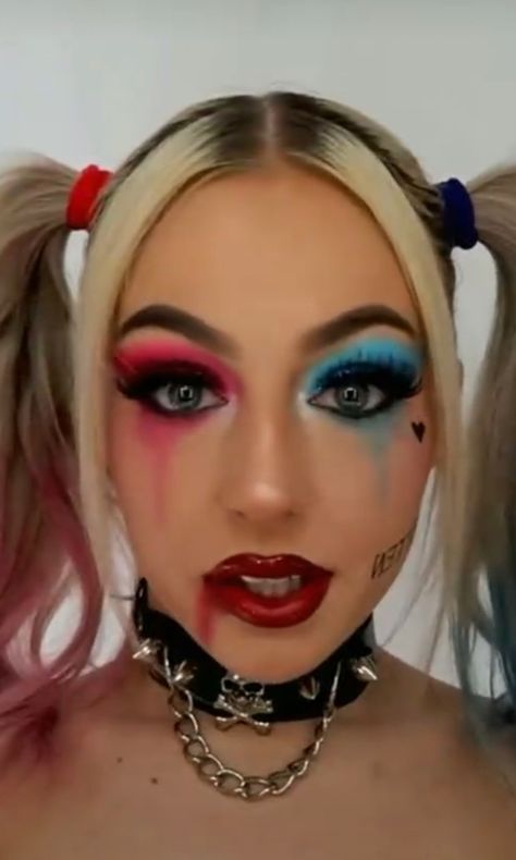 Harley Quinn Face Makeup, Harely Quinn Makeup, Easy Harley Quinn Makeup, Halloween Makeup Harley Quinn, Harley Quinn Hairstyles, Harley Quinn Makeup Halloween, Harley Quinn Inspired Makeup, Harley Quinn Makeup Ideas, Harley Quinn Costume Makeup