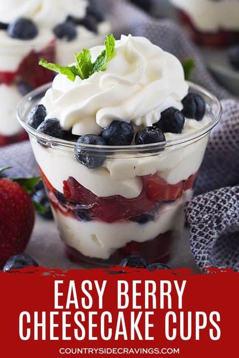 These Easy Berry Cheesecake Cups are a quick and simple dessert. Filled with juicy berries and a creamy cheesecake filling, they're perfect for the 4th of July or other summer parties. #cheesecakecups #berrycheesecake Berry Ideas, Cookout Desserts, Lemon And Coconut Cake, Dessert Cups Recipes, Cheesecake Parfaits, Dessert Shooters, Cake Cups, Parfait Desserts, Tiramisu Dessert