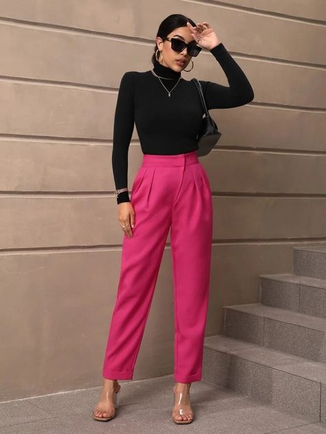 Hot Pink Pants Outfit, Pink Pants Outfit Work, Pink Trousers Outfit, Trouser Pants Outfits, Pink Pants Outfit, Pants Outfit Work, Hot Pink Pants, Trouser Outfit, Casual Professional