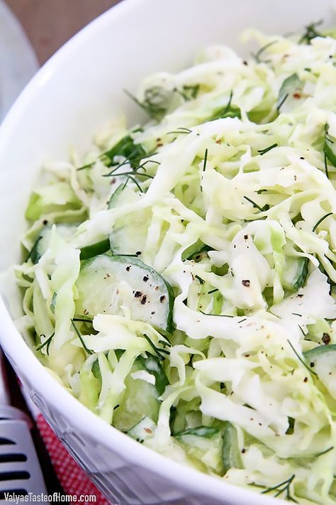 Enjoy this salad as a side dish with your favorite prepared meal for dinner. Cold Cabbage Salad Recipes, Salad Recipes With Cabbage, Savoy Cabbage Salad, Cabbage And Cucumber Salad, Cabbage Cucumber Salad, Cabbage Salad Recipes, Best Salad Recipes, Cucumber Recipes, Veggie Salad