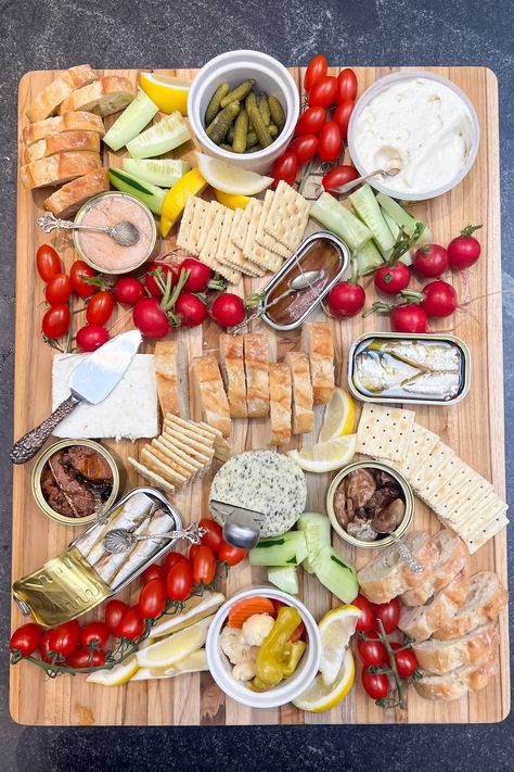 Fish Charcuterie Board, Tin Fish, Fish Board, Smoked Oysters, Tinned Fish, Garlic Dip, Albacore Tuna, Snack Board, Night At Home