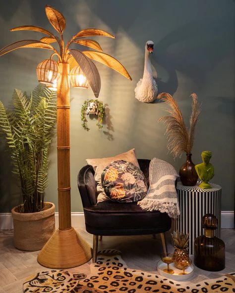 Unusual Floor Lamps, Palm Tree Leaf, Rattan Floor Lamp, Wood Carving Furniture, Silk Lampshade, Tree Floor Lamp, Guest Room Decor, Standard Lamps, Floor Standing Lamps