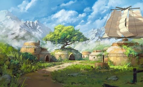 ArtStation - Village of Dali, Kaj Driesen Rock Cottage, Pixiv Fantasia, Fantasy Village, Build Inspiration, Sky Green, Location Inspiration, Fantasy City, Mountain Village, Fantasy Places