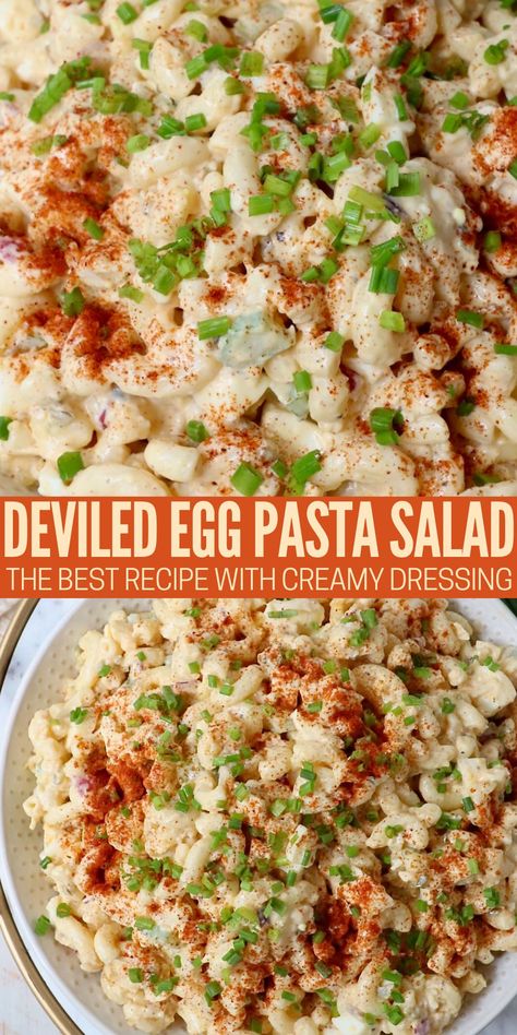 Turn your favorite Southern appetizer into your new favorite summer side dish with this tasty recipe for Deviled Egg Pasta Salad! It's loaded with hard boiled eggs, crisp vegetables, sweet relish, and a creamy dressing creating an incredibly flavorful macaroni salad, with the delicious taste of deviled eggs. Salads With Eggs Hard Boiled, Deviled Egg Macaroni Salad Recipe, Deviled Egg Pasta Salad Recipe, Deviled Egg Pasta Salad, Egg Macaroni Salad, Egg Pasta Salad, Southern Appetizers, Sweet Relish, Deviled Egg Salad