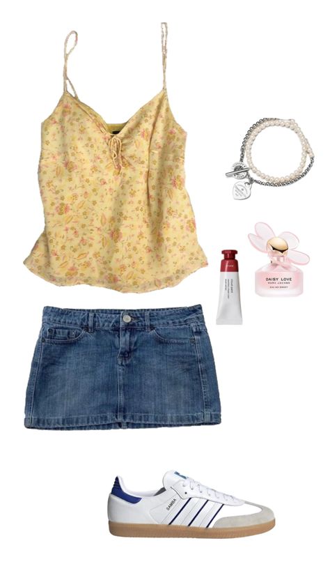 #outfitinspo #pinterest #shuffles #aesthetic #spring #nyc #outfit #clothesaesthetic #floralshirt #denimskirt #adidassambas Spring Fits Aesthetic, Spring Y2k Relaxed Fit T-shirt, Y2k Spring Tank Strap Tops, Spring Y2k Style Graphic T-shirt, Spring Y2k V-neck Tops, Spring Y2k Mini Skirt, Degree Outfit, Greece Outfit, Nerdy Outfits