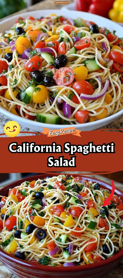 Best California Spaghetti Salad California Spaghetti Salad Recipe, California Spaghetti Salad, California Pasta, Quick Dinner Sides, California Spaghetti, Cold Spaghetti Salad, Spaghetti Pasta Salad, Picnic Side Dishes, Colorful Salad