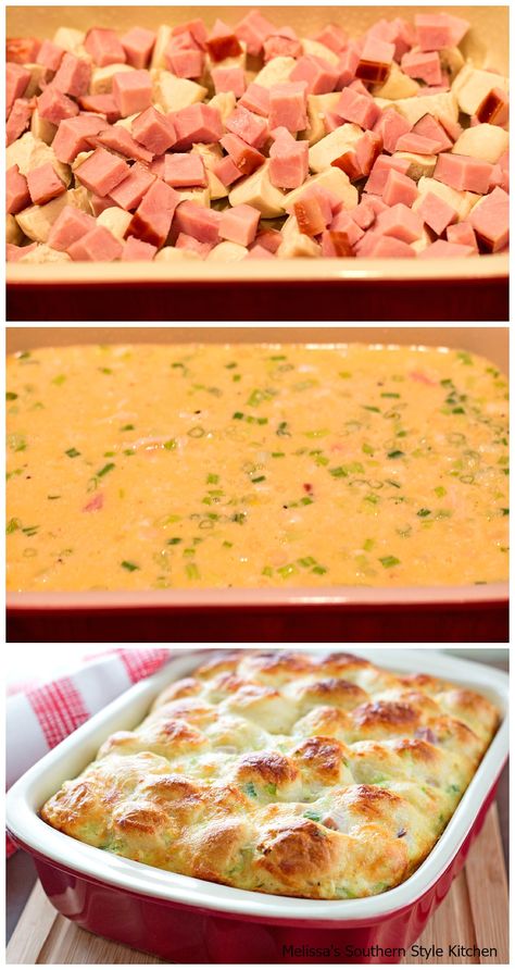 Ham And Egg Bubble Up Ham And Egg Pie, Bubble Up Bake, Ham And Egg Casserole, Grits And Greens, Brunch Egg Dishes, Brunch Casserole Recipes, Bacon Casserole, Egg Pie, Make Ahead Breakfast Casserole