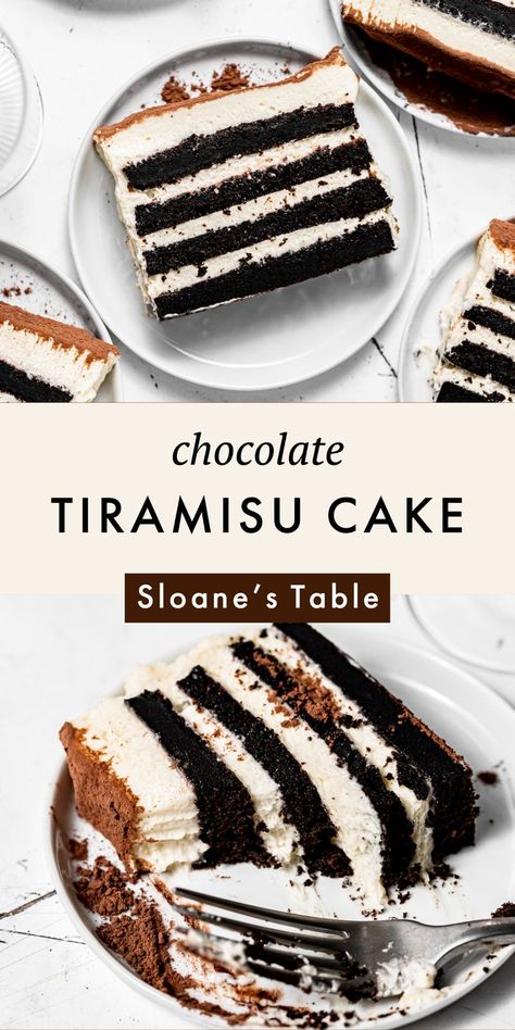 This chocolate tiramisu cake consists of four layers of chocolate sponge soaked in rum & coffee, alternated with a creamy mascarpone filling. Top this unique take on the classic tiramisu with a generous sprinkling of cocoa powder, and serve for a special occasion! Chocolate Filling For Cake, Tiramisu Cake Recipe, Mascarpone Filling, Classic Tiramisu, Fudgy Cake, Chocolate Tiramisu, Cookie Deserts, Flat Cakes, Tiramisu Cake