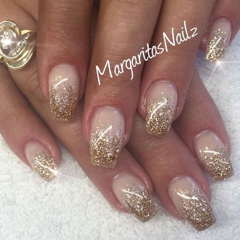 Make Up Gold, Nails Yellow, Gold Glitter Nails, Ombre Nails Glitter, Ombre Acrylic Nails, Rose Gold Nails, Ombre Nail Designs, Nail Art Ombre, Unique Acrylic Nails