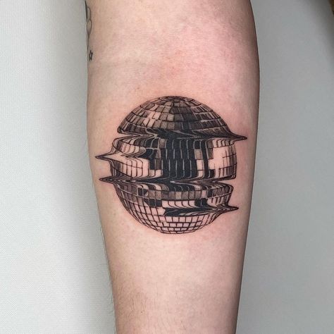 Melting Disco Ball Tattoo, Fine Line Disco Ball Tattoo, Trippy Tattoos For Women, Psychadelic Tattoo, Funk Tattoo, 60s Tattoo, Mirror Ball Tattoo, Disco Tattoo, Record Tattoo