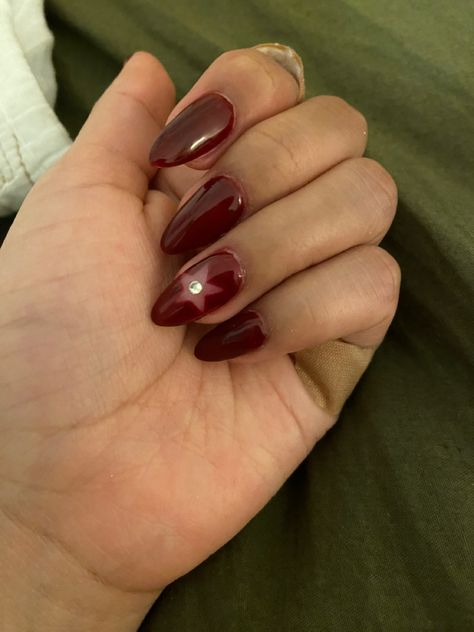 Garnett Nails, Cheery Nail Designs, Simple Burgundy Nails, Wine Red Nails Designs Almond, Burgundy Nails With Stars, Red Nail With Design, Dark Red Nails Almond Shape, Almond Nails Maroon, Dark Red Nails With Stars