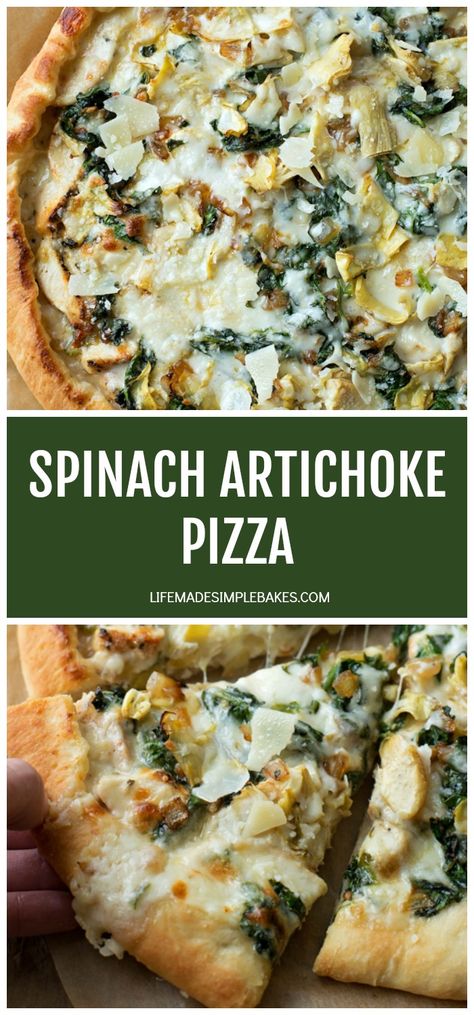 My favorite homemade pizza crust topped with a creamy garlic white sauce, mozzarella, chicken, spinach, and artichokes. This spinach artichoke pizza tastes just like the dip, only better! #spinachartichokepizza #spinachartichoke #spinachartichokedip #whitepizza Garlic White Sauce, Spinach Artichoke Pizza, Chicken Bacon Ranch Pizza, Artichoke Pizza, Pizza Life, Spinach Pizza, Homemade Pizza Crust, Artichoke Chicken, Chicken Spinach